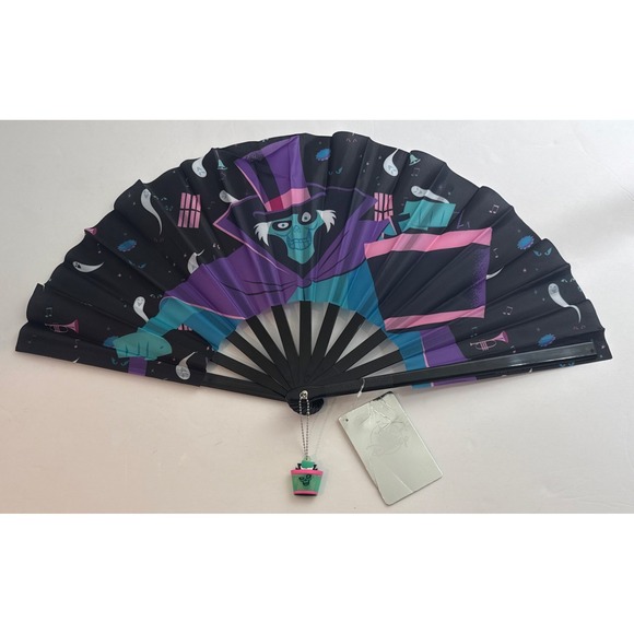 Disney Parks Haunted Mansion Hatbox Ghost Black Handheld Fan With Charm Worn Tag - Picture 2 of 8